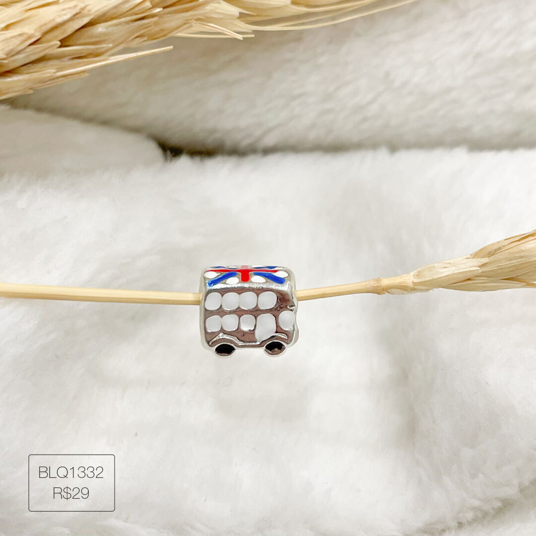 Berloque Ônibus Londres Passador Esmaltado Prateado